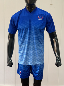 Custom Men's Blue Soccer Jersey Set With Geometric Pattern V-Neck Short Sleeve Quick Dry Teamwear Uniform - Product Image 1