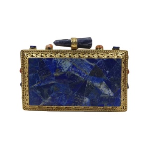 Lapis Lazuli Gemstone Clutch <b>Bag</b> with <b>Gold</b> Frame Handmade Stone Mosaic <b>Evening</b> Accessory for Wedding Party Wear - Product Image 1