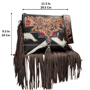Customization Large Capacity Women Hand Tooled Cowhide Leather Fringe Crossbody Shoulder Bag Luxury Design Floral Zipper Handbag - Product Image 2