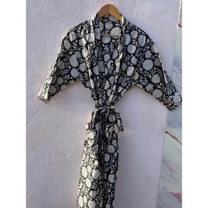 Peignoir Kimono Floral Noir pour Femme, Léger en Coton, Robe de Chambre d'Été, Tenue de Spa, Robe de Plage avec Ceinture - Product Image 1