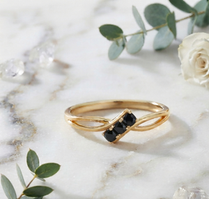 Gold Color <b>Black</b> <b>Onyx</b> Three Stone <b>Ring</b> Cross Band Fine Jewelry for Women - Product Image 1