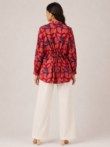 Women <b>Red</b> Floral Printed Cotton Kurti Shirt Collar Full Sleeve Loose Fit Casual Tunic Top Ethnic Everyday Wear Elegant Outfit - Product Image 6