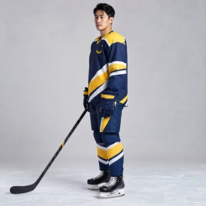 Uniforme de hockey sur glace personnalisé pour adultes, vêtements de sport respirants imprimés par sublimation bleu marine et jaune pour hommes, service OEM - Product Image 2