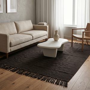 DECORDEC Tapis en laine noire obsidienne à franges, tissage plat, antidérapant, écologique, à poils épais, texturé, fait main - Product Image 3