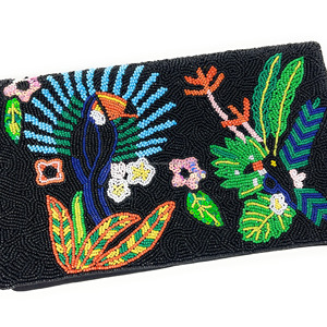 Sac à Main de Soirée Noir Brodé à la Main Durable Pliable Pleine Pochette Perroquet Tropical Conception Oiseau Exotique Élégant - Product Image 4