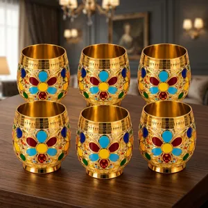 Luxury Gold <b>Enamel</b> Floral Drinking <b>Cups</b> Set of 6 Decorative Metal Tumblers Traditional Indian Drinkware - Product Image 5