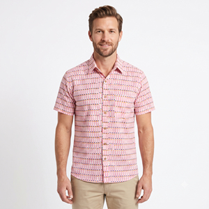 Camisa informal con botones y manga corta a rayas rosas para hombre con bolsillo para verano - Product Image 1
