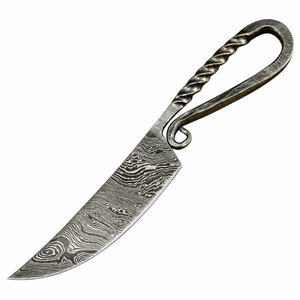 Couteau de chasse gris argenté à motif Damas avec poignée en métal torsadé, lame incurvée et pointue, style artisanal, utilitaire pour l'extérieur - Product Image 3