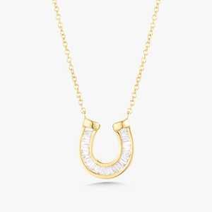 Diamond Horseshoe Charm <b>Necklace</b> Baguette Cut Lab Grown Wholesale 14k 18k Gold Dainty Lucky U Shape Layering Pendant Manufacture - Product Image 1
