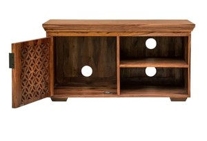Meuble TV en bois massif sculpté géométriquement, fait main |   Petite console multimédia avec porte en treillis |   Exportation de Jodhpur - Product Image 3