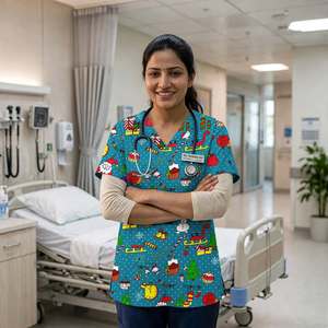 Women's Print <b>Scrub</b> <b>Top</b> Medical Uniform V-Neck Nurse <b>Scrub</b> <b>Top</b> Lightweight Breathable Hospital Doctor Workwear with Pocket - Product Image 3