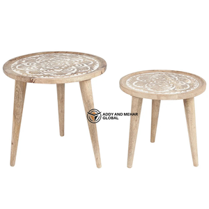 Handcrafted Round Wooden Nesting Tables Set of 2 with Carved Pattern Top – Rustic Mango <b>Wood</b> Side Tables for Living Room - Product Image 6