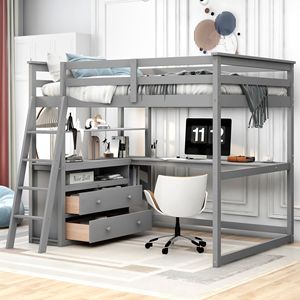 Letto a soppalco a grandezza naturale con scrivania e scaffali, due cassetti integrati, grigio - Product Image 1