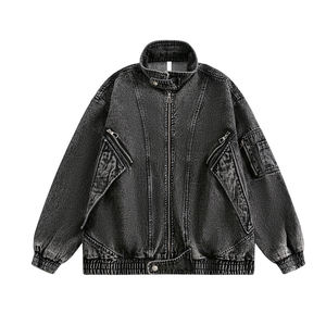 Adjustment Collar Winter Outerwear Warm Denim <b>Jackets</b> for Men & <b>Women</b> Ribbed Cuff & Hem Streetwear Zip-Up Black Denim <b>Jacket</b> - Product Image 1