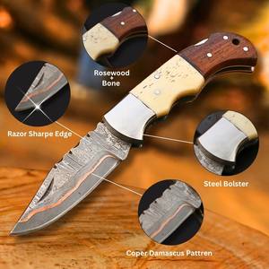 Cuchillo Plegable de Acero Damasco y Cobre con Bloqueo Trasero, Funda de Madera, Personalizado Cu Mai, para Bolsillo, EDC, Caza, Camping, OEM - Product Image 5