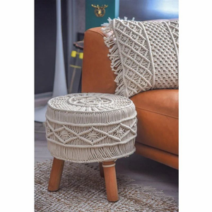 Cotton Round Luxurious Handmade Macrame Covered <b>Ottoman</b> <b>Stool</b> with Wooden Legs Boho Footrest Pouf for Living Room Hotel Cafe - Product Image 3