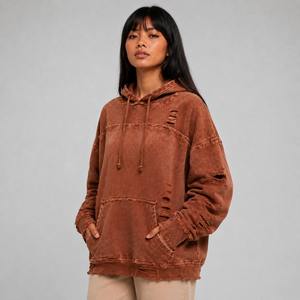 Sweat-shirt à capuche décontracté coupe oversize pour femme, coupe-vent, couleur unie, en coton lavé et fibre de bambou tricotée, hiver - Product Image 3