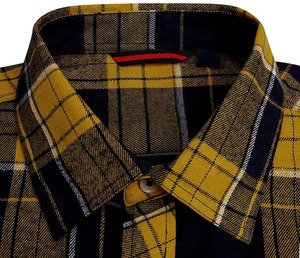 Camisa de Franela a Cuadros de Manga Larga para Hombre, Corte Regular Informal, Color Amarillo, Azul Marino, Patrón a Cuadros, Tejido de Tela - Product Image 5