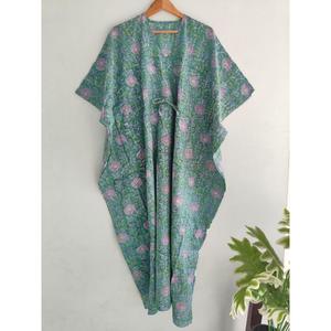 Elegante Vestido Kaftán de Algodón con Estampado Floral de Menta, Cuello en V, Estilo Bohemio, Holgado, Informal, para Vacaciones de Verano - Product Image 2