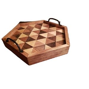 Bandeja de servicio de madera con patrón triangular para el hogar, bandeja de madera con forma octogonal con mango para utensilios de cocina y vajilla - Product Image 1