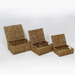 Brown <b>Rectangular</b> Sedge <b>Storage</b> <b>Baskets</b> with Lids and Handles Stackable Nesting Design Nordic Style Multi-Purpose Organizers - Product Image 4