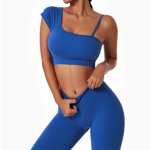 Conjunto de yoga de 2 piezas azul claro para mujer, top corto con espalda cruzada, leggings de cintura alta, ropa deportiva elástica sin costuras - Product Image 3