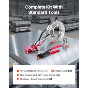 Kit de flejado de acero de alta resistencia de 200 pies con 200 cierres metálicos, herramienta manual para embalar palets y sellador - Product Image 2