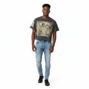 เสื้อยืดผู้ชายลายเรขาคณิตแบบแพทช์เวิร์คทรงโอเวอร์ไซส์สำหรับฤดูร้อน ผ้าฝ้าย 100% น้ำหนัก 240 กรัม ปักลายแบบผ้าขนหนู พิมพ์ลายดิจิทัล สไตล์ฮิปฮอป - Product Image 6