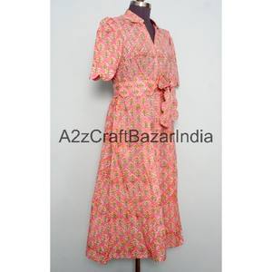 Vestido Midi de Mujer, Nuevo Diseño, 100% Algodón, Tejido de Punto, Estampado Floral, Corte en A, Cuello en V, Mangas Cortas, Bolsillos, Decoración con Botones - Product Image 5