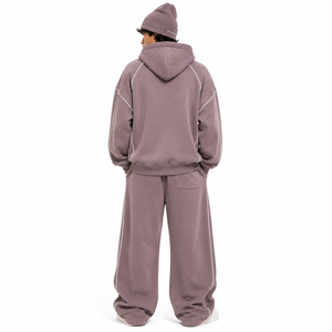 Unisex 3PC Tracksuit Matching Set Oversized Hoodie Baggy Trousers <b>Beanie</b> Contrast Piping Cotton <b>Fleece</b> High Street Private Label - Product Image 2