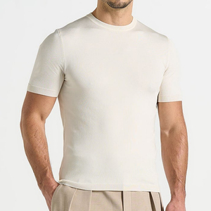 T-shirt en coton tricoté à manches courtes et col rond pour homme, coupe ajustée, couleur unie, décontracté, respirant, blanc - Product Image 1