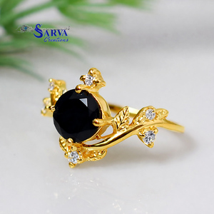 Lab Created Blue <b>Sand</b> Stone Ring Gold Plated 925 Sterling <b>Silver</b> Gemstone Moissanite Vintage Floral Statement Jewelry for Women - Product Image 1