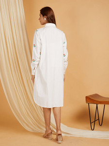 White Floral Embroidery Shirt <b>Dress</b> With Long Sleeves And Turn-down Collar Loose Fit Midi Length Woven Cotton Casual Daily Wear - Product Image 6