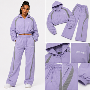 Conjunto Deportivo ONE APEX para Mujer, Chaqueta Corta con Capucha Color Lavanda, Pantalones Anchos con Cremallera Impermeables, 100% Ropa Deportiva - Product Image 5