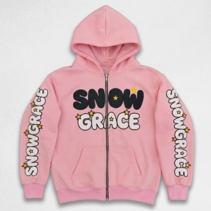 Snow Grace <b>Pink</b> Zip-Up Hoodie Fleece Casual Unisex Regular Fit Autumn Hooded <b>Sweatshirt</b> With Star Print Design - Product Image 1