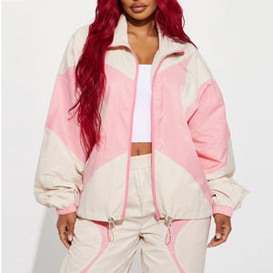 Wholesale <b>Women</b> <b>Pink</b> Beige Color Block <b>Tracksuit</b> Casual Loose Fit Zip Up Windbreaker Jacket and Jogger Pants OEM ODM - Product Image 3