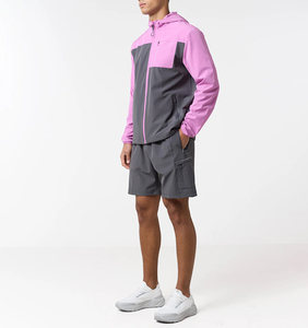 <b>Men's</b> Pink Gray Color Block Hooded Windbreaker <b>Jacket</b> Shorts Set Breathable Lightweight 100% Polyester Sporty Tracksuit <b>Summer</b> - Product Image 1