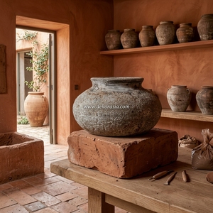 Desplo Hard Rustic Distressed Hard Grey Stone Rustic Patina Terracotta Clay Handcrafted <b>Ceramic</b> Squat Pot Vase Bowl Decorative - Product Image 2