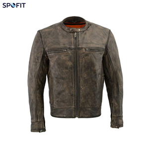Unisex Autumn Retro Washed Leather Biker Jacket with Gradient <b>Zip</b> Design Waterproof & Windproof Solid Pattern Standing Collar - Product Image 3