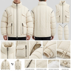 Men's Cream Color Puffer Jacket Winter <b>Coat</b> Zip Up Outdoor Streetwear Custom Private Label OEM ODM - Product Image 4