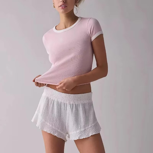 Wholesale Women Full Sleeve Ribbed Cotton Spandex Heavyweight 120g Streetwear Solid Breathable Quick Dry Summer Regular T Shirts - Product Image 3