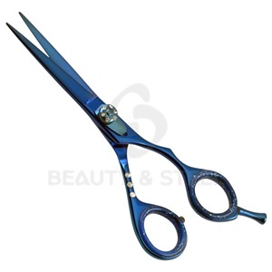 Professional Deep Blue Hair Cutting <b>Shears</b> with Floral Patterned Blade and Jeweled Pivot for Precision Styling - Product Image 5