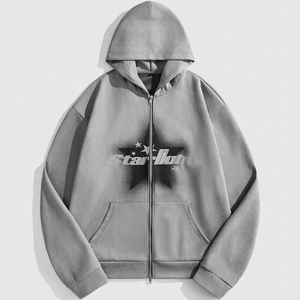 เสื้อฮู้ดซิปผู้ชายสไตล์ Y2K ผ้าฝ้ายฟลีซหนานุ่มสำหรับฤดูหนาว ทรงโอเวอร์ไซส์ ผ้าหนา พิมพ์ลายดาวสีเทา เสื้อพูลโอเวอร์แนวสตรีทแวร์ - Product Image 1