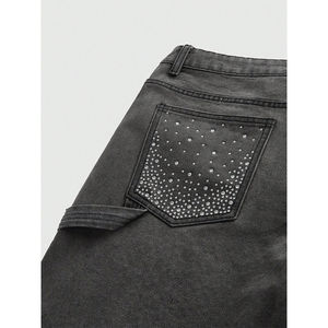 Pantalones Cortos de Mezclilla Negros para Hombre con Bolsillo de Pedrería, Cintura Alta Casual, Elástica, Cierre de Botón, Estilo de Secado Rápido - Product Image 2