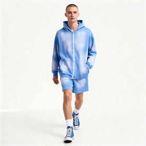 Custom Wash Zipper Streetwear Tracksuit <b>Men</b> Applique Embroidery Letter <b>Zip</b> up Hoodie <b>Shorts</b> Set - Product Image 6