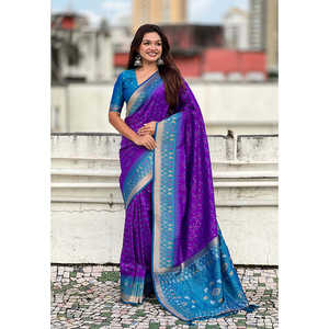 Elite Weaves <b>Purple</b> Soft Silk Zari Woven Patola <b>Saree</b> with Contrast Bandhani Weaves Elegant Evening Wear - Product Image 4