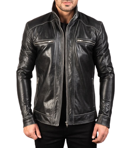 Veste bomber vintage en cuir véritable noir, style streetwear imperméable, en cuir PU, avec détails en acier - Product Image 5