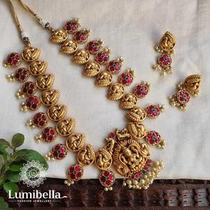 Nagas Jadau 24K Gold Plated <b>Pearl</b> Wedding <b>Necklace</b> and Earring <b>Set</b> India Casual - Product Image 1