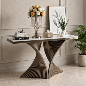 Console élégante en marbre blanc de style mid-century avec cadre en métal doré torsadé, meuble de luxe pour entrée et salon - Product Image 2