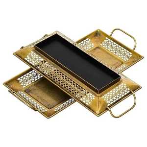 Elegant Silver Hammered Serving <b>Tray</b> Rectangular Metal Food Platter with Luxury Gold Floral Twig Handles Fine Tableware - Product Image 6